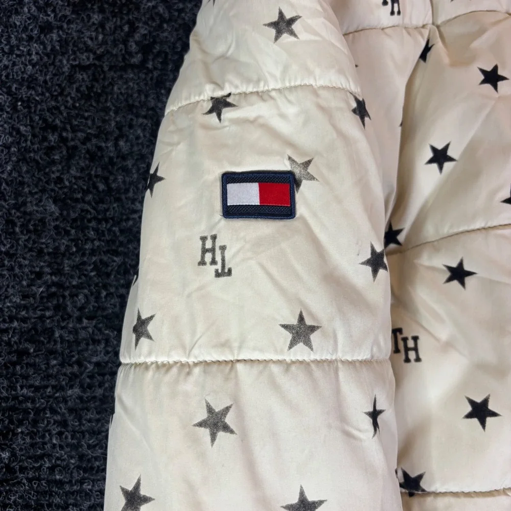 Tommy Hilfiger Girls Cream Star Print Puffer Jacket Hooded Fleece Lined Size 7